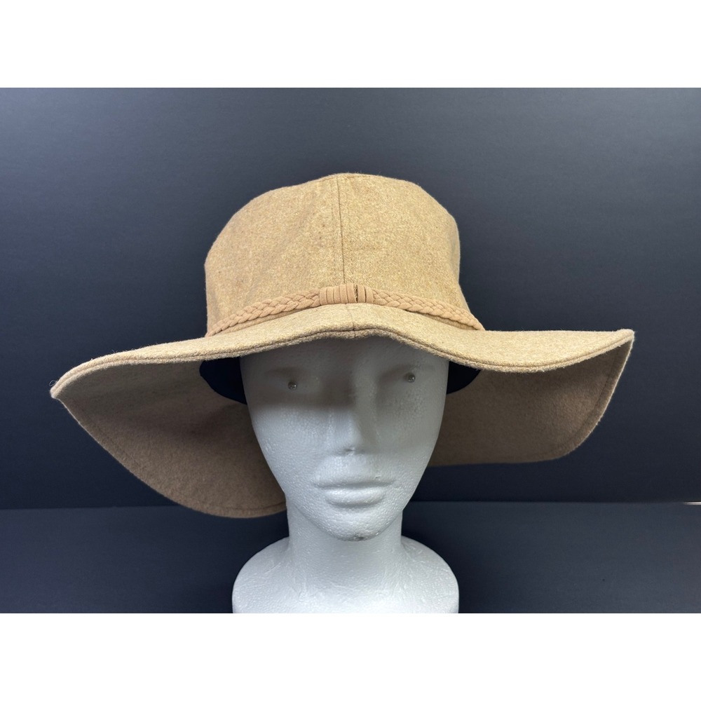 ASN Womens Wide Brim Sun Hat Camel Tan Braided Trim Wool Blend New